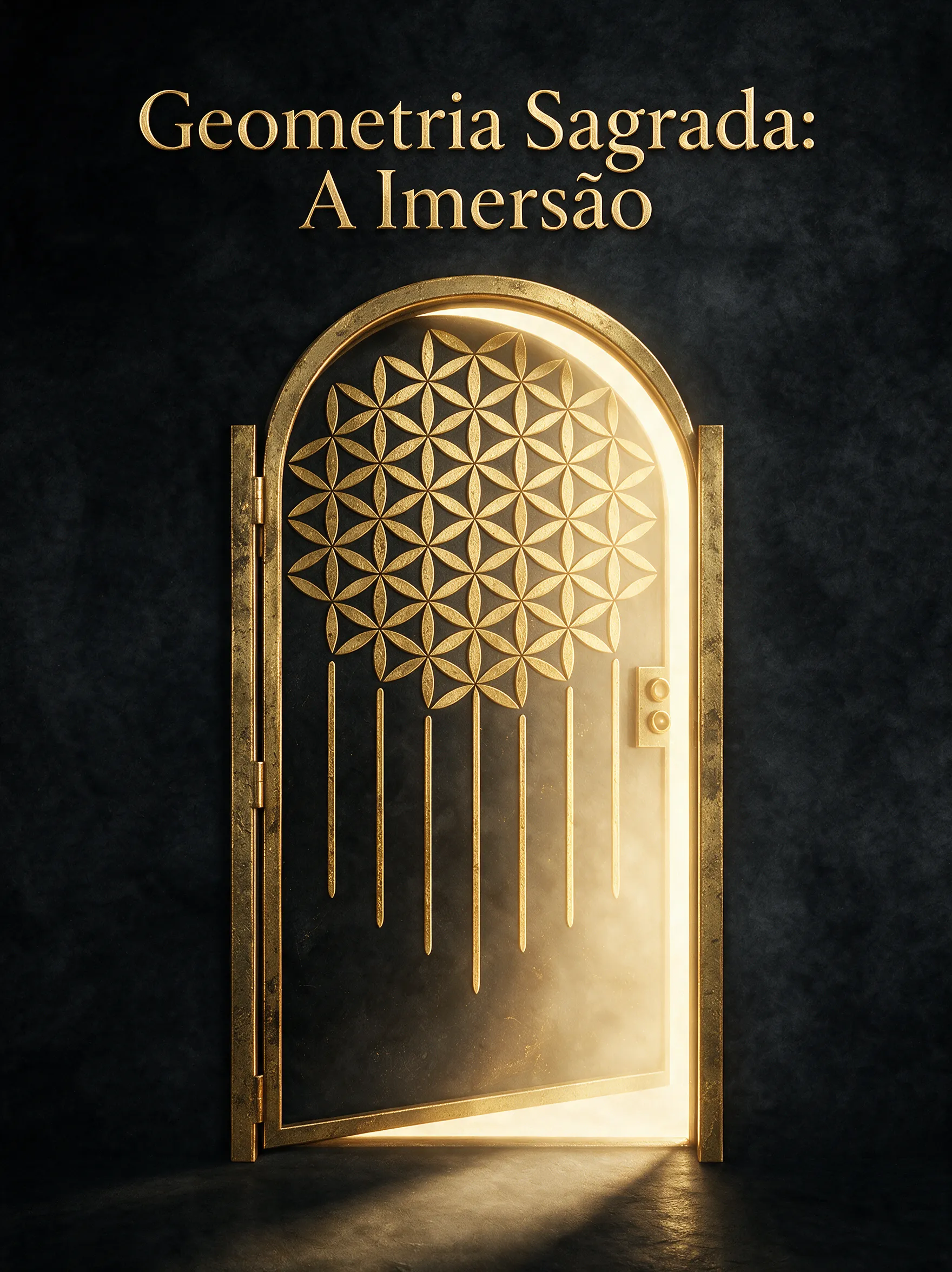 A Porta Dourada: um portal em arco, ornamentado com a Flor da Vida, entreaberto e vazando luz
